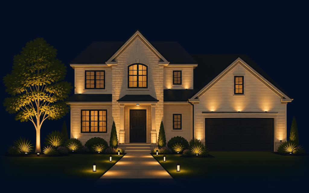 Illustration of a two-story home at night with low-voltage uplights washing the architecture, one uplit specimen tree, and path lighting along the walkway.