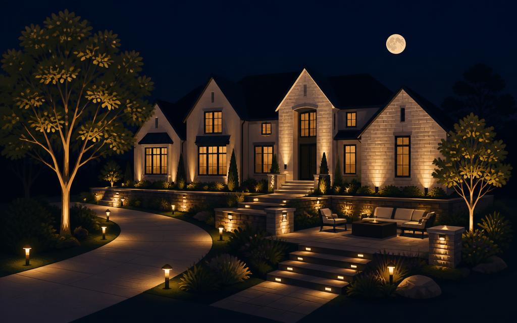 Illustration of a large home at night with full-property lighting — architectural uplighting, moonlighting through trees, wall wash, lit steps and a lit patio.