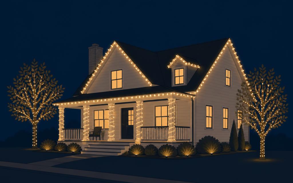 Illustration of a home lit on the front and one side roofline with wrapped porch columns and two wrapped trees.