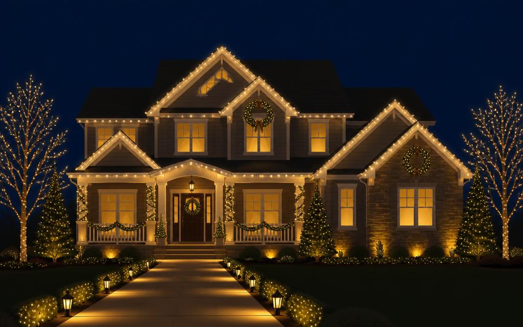 Illustration of a large two-story home with every roofline lit, wrapped columns and railings, garland, wreaths, lit walkway and multiple wrapped trees.
